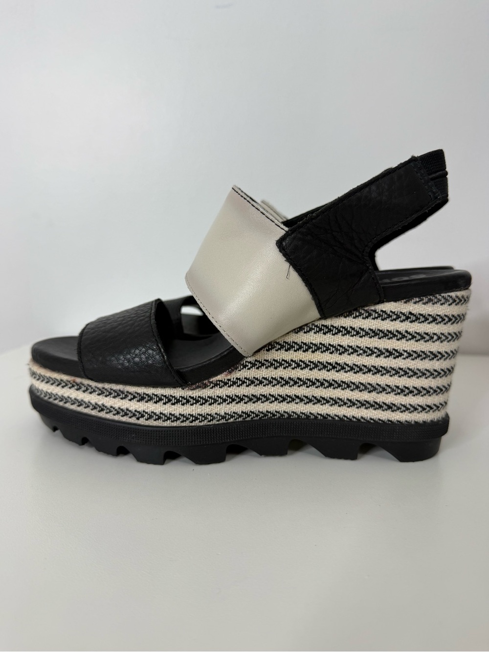 Sorel Joanie II Slingback Platform Wedge Leather Sandals Black Cream Women 7.5 - Picture 4 of 16